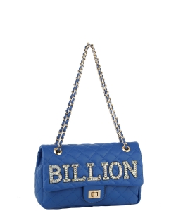 Rhinestone "BILLION" Quilted Turn-lock Chain Shoulder Bag QFS0035 BLUE